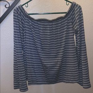 Off the shoulder grey and white striped top